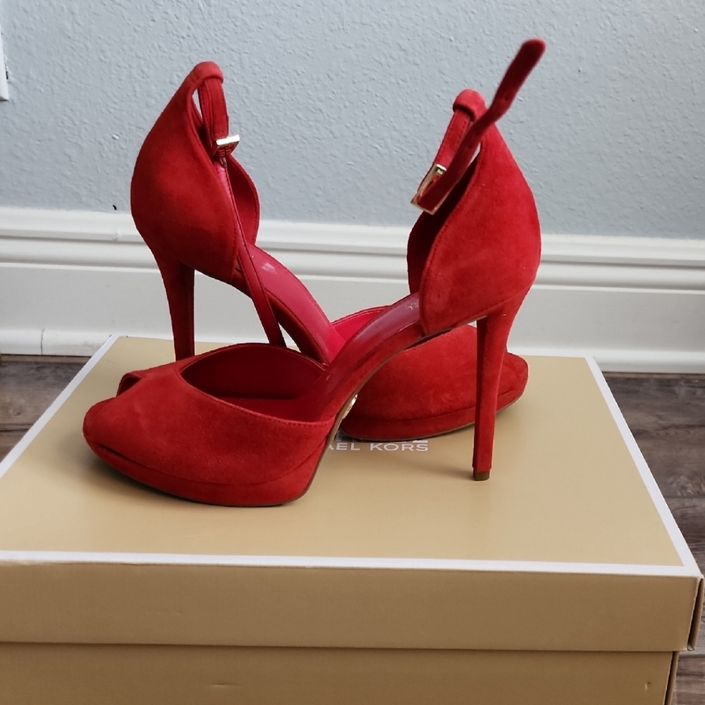 Michael Kors Designer Red Leather Suede Peeptoe Heels sz8 NWT